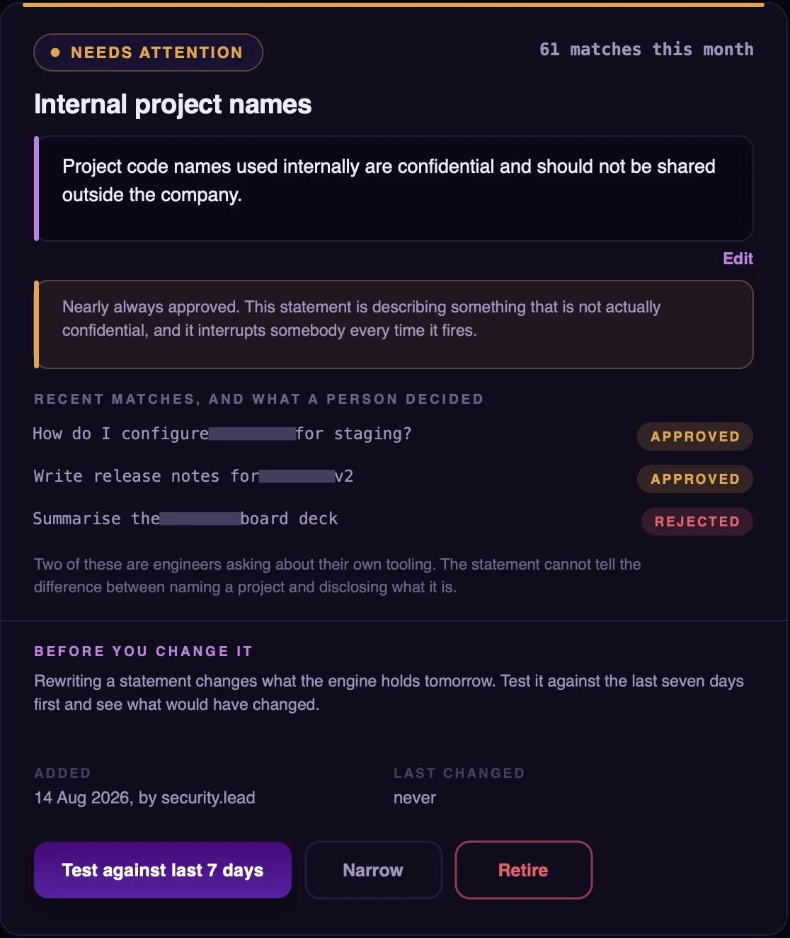 A Company Context statement, Internal project names: project code names used internally are confidential. It matched 61 times this month and is marked as needing attention because people nearly always approved what it held. Recent matches are shown with the decision a person made.